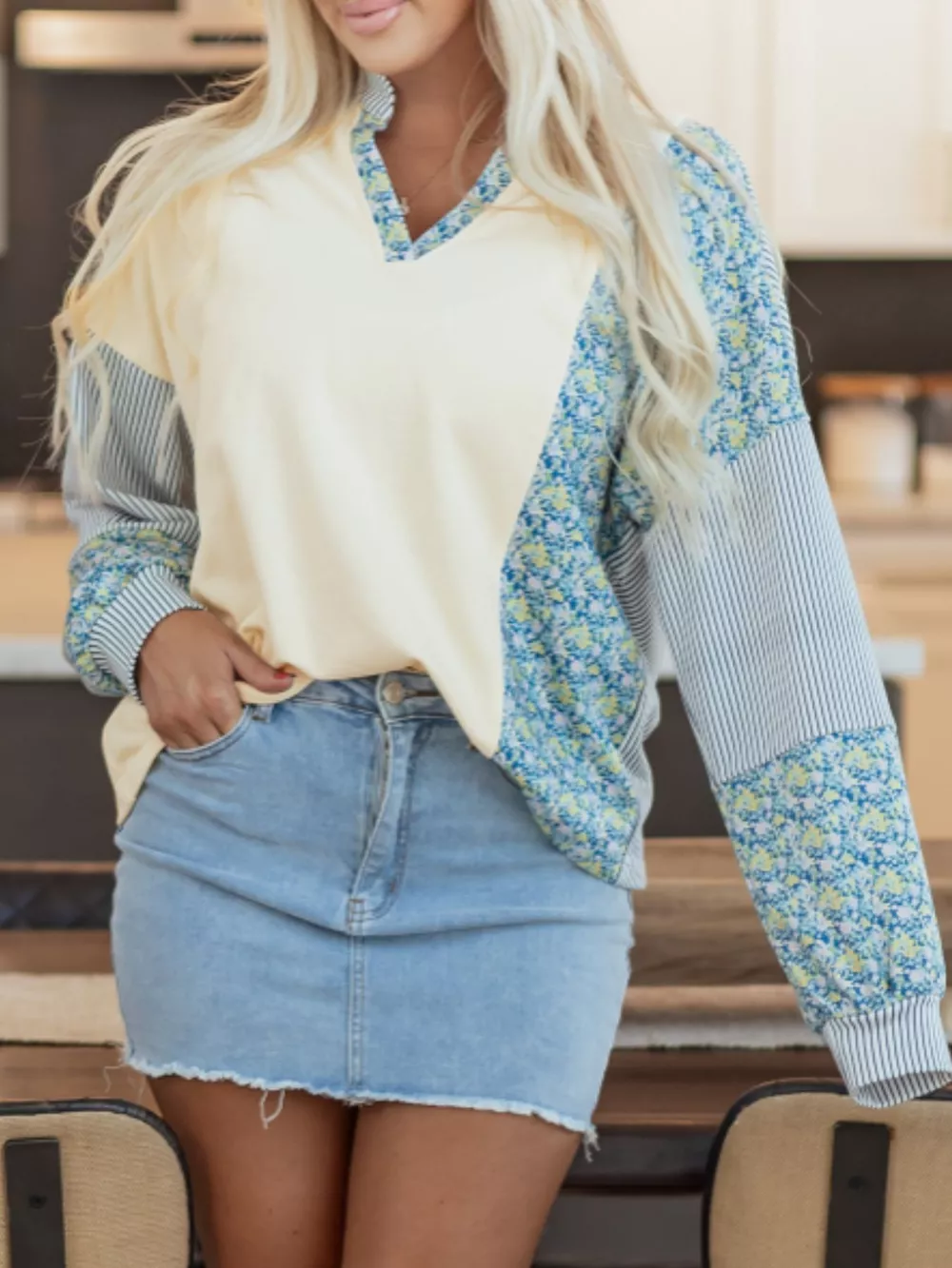 Floral Striped Drop Sleeve Collared Boxy Fit Sweatshirt, image 4