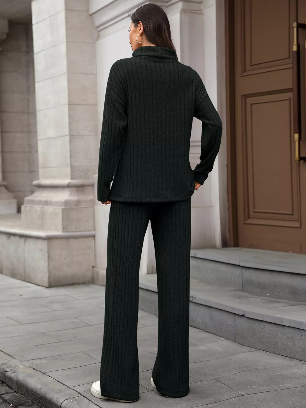 Ribbed Turtleneck Dropped Shoulder Top and Pants Sweater Set, image 28