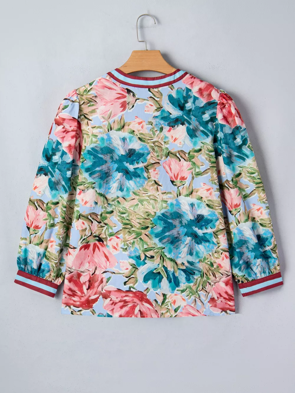 Contrast Trim V Neck Cuffed Bracelet Sleeve Floral Blouse, image 7