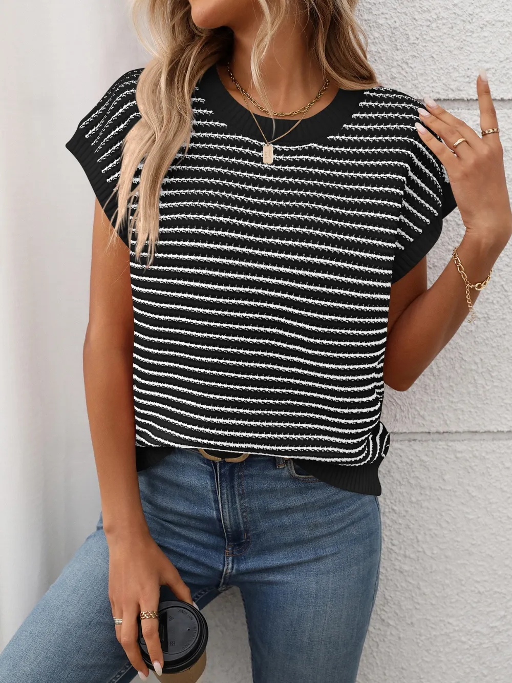 Striped Round Neck Short Sleeve Knit Top