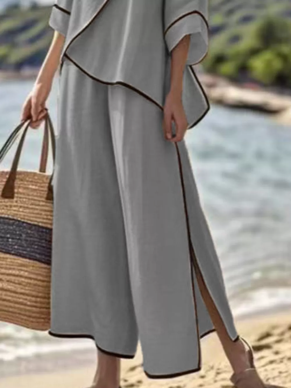 Full Size Contrast Trim Top and Wide Leg Pants Set Plus Size, image 7