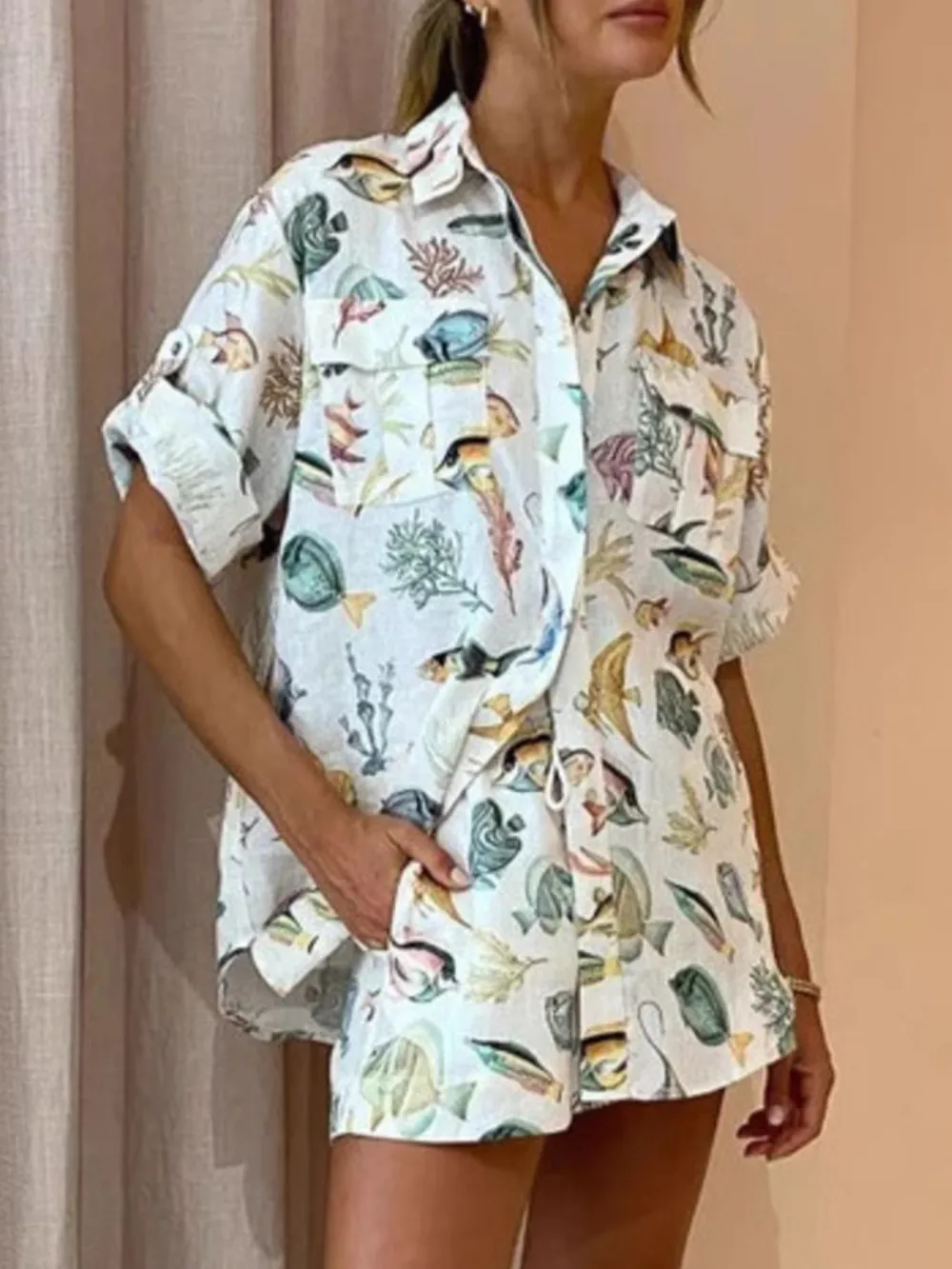 Printed Button Up Shirt and Shorts Set, image 3