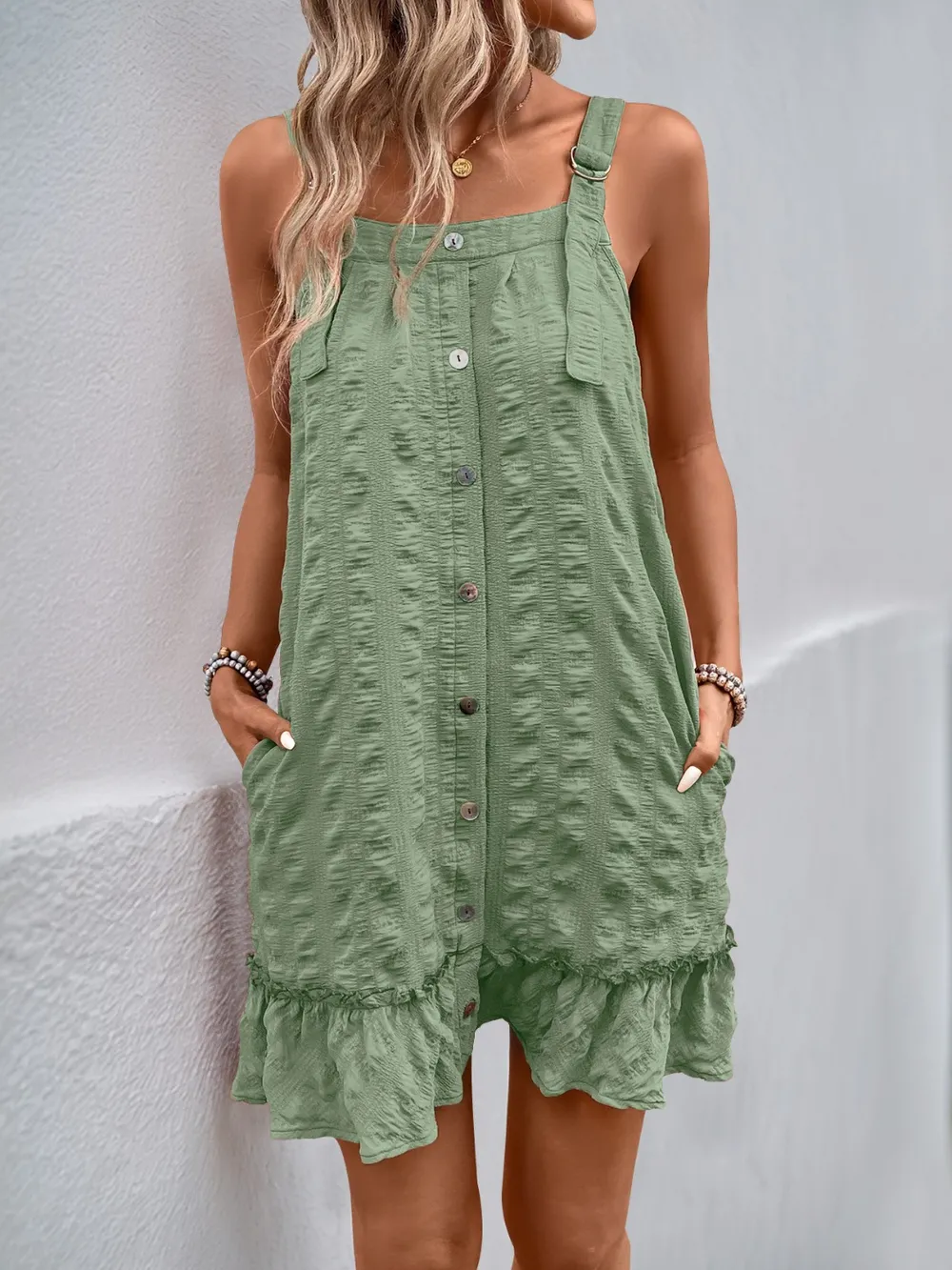 Ruffled Hem Adjustable Strap Square Neck Dress