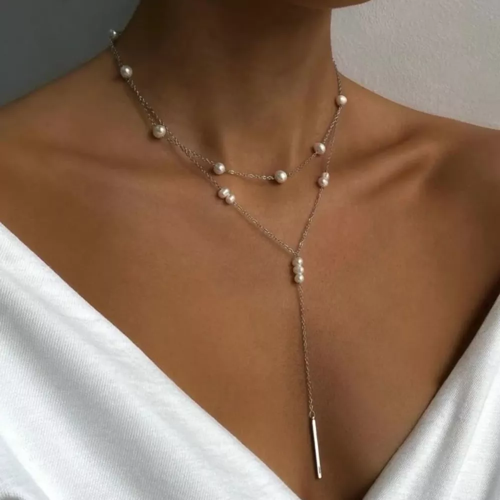 Double Layered Pearl Y-Shaped Necklace, image 2