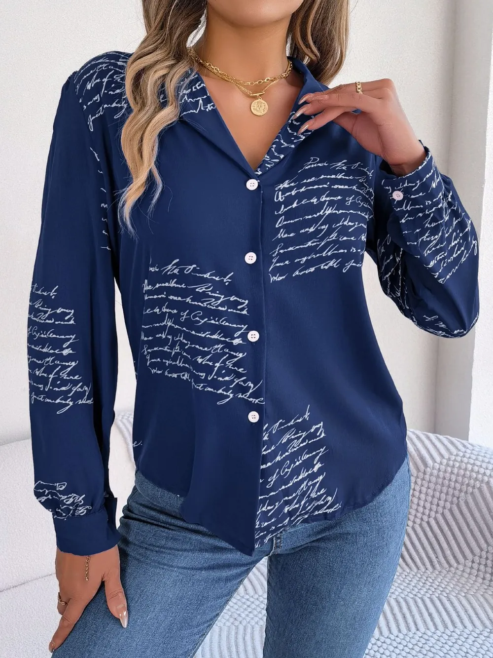 Letter Printed Button Up Long Sleeve Blouse, image 9