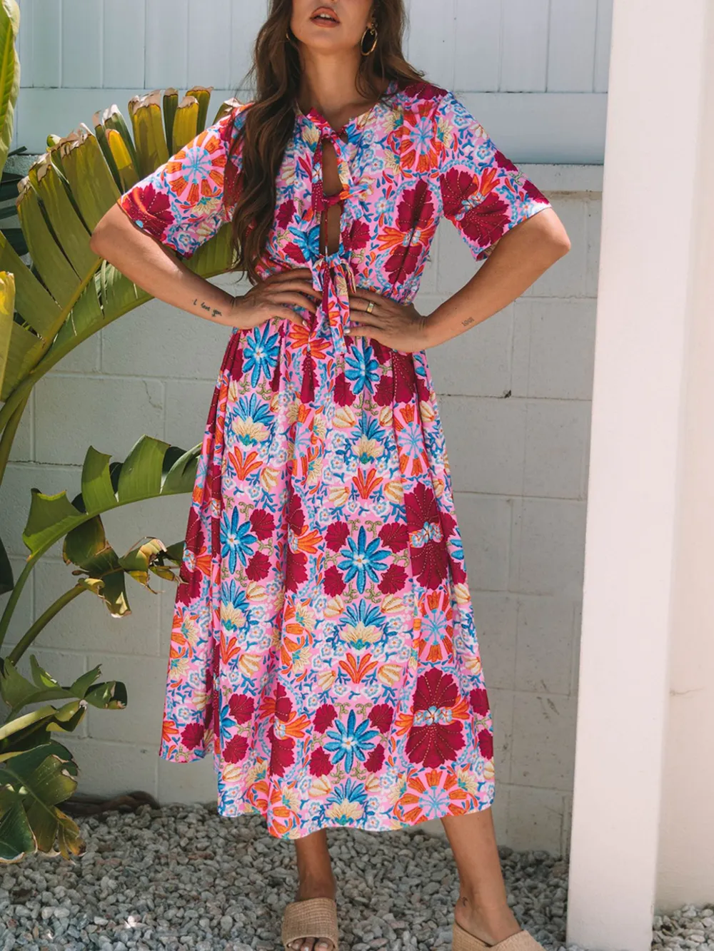 Floral Print Tie Front Midi Dress, image 5