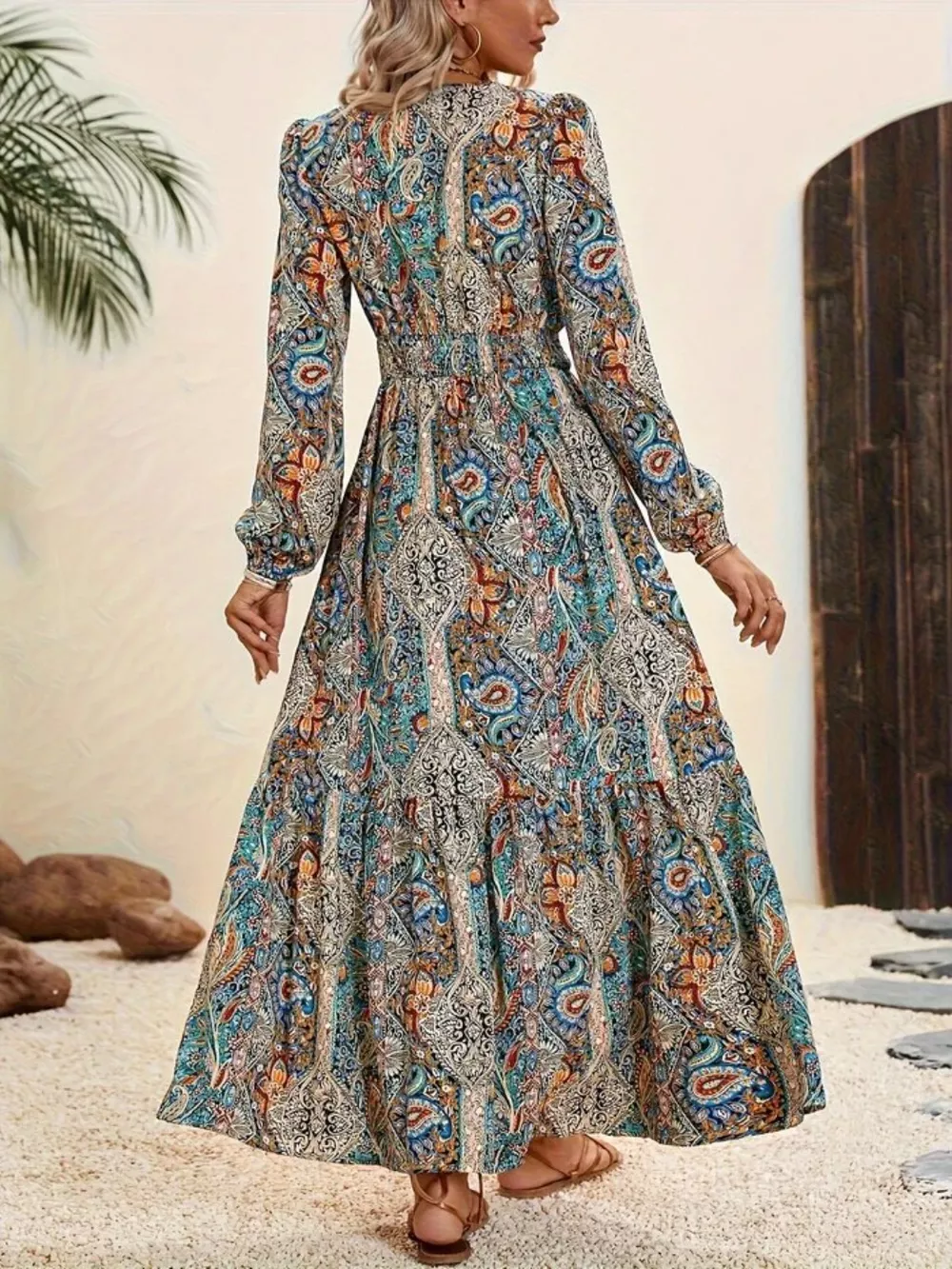 Printed Tie Neck Long Sleeve Maxi Dress, image 2
