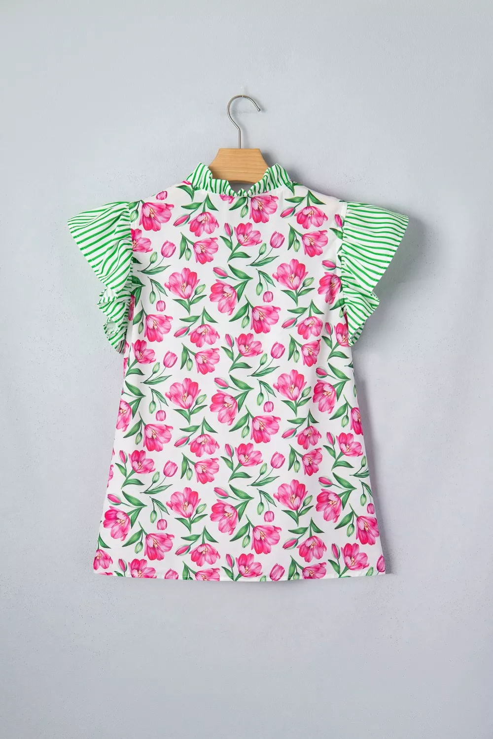 Floral Print Striped Ruffle Trim V Neck Blouse, image 6