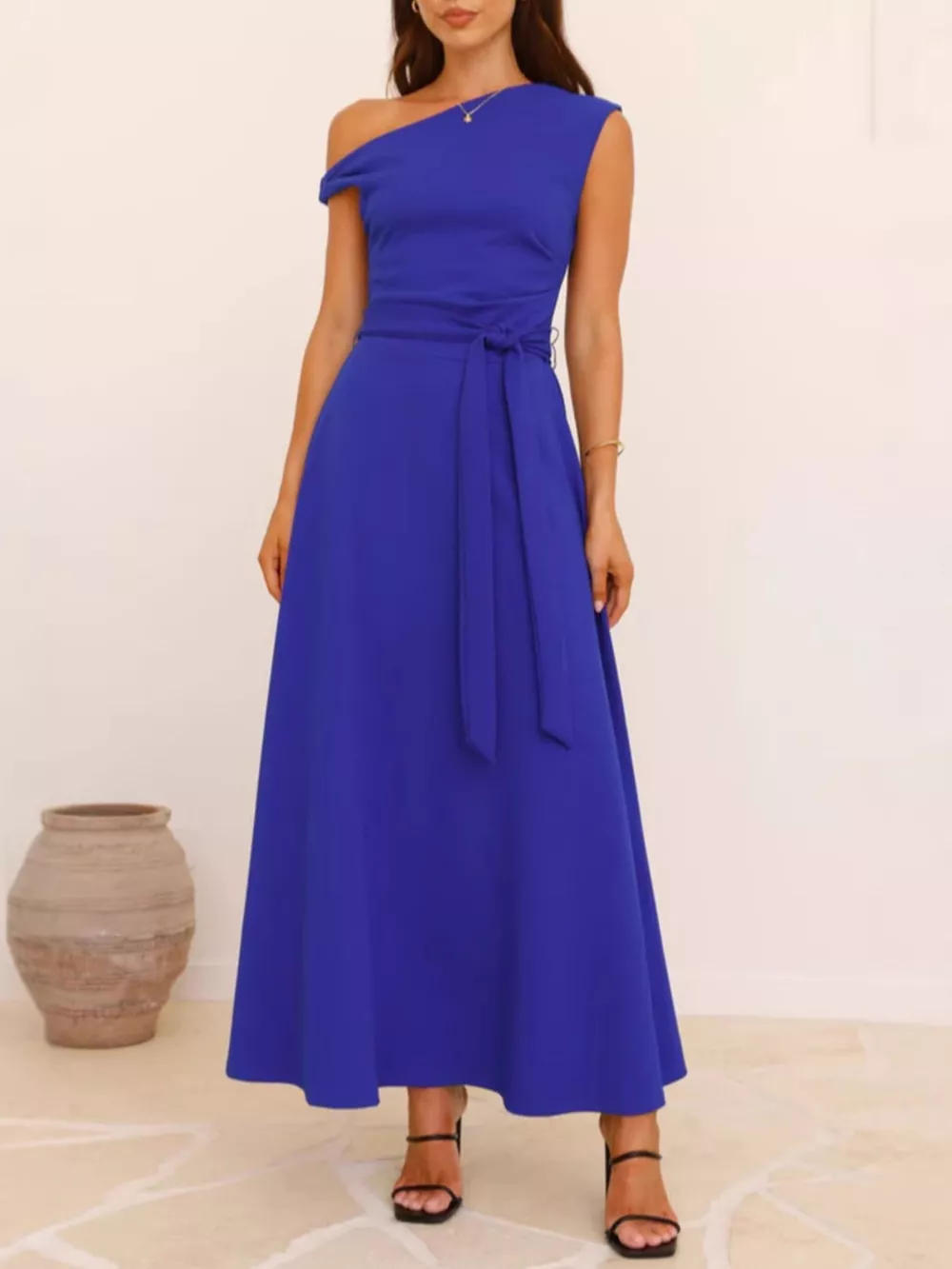 Single Shoulder Tie Waist Maxi Dress, image 4