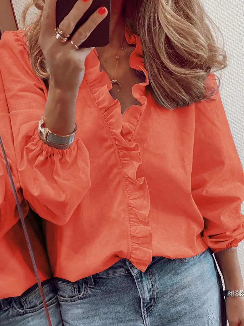 Ruffled V-Neck Long Sleeve Blouse, image 4