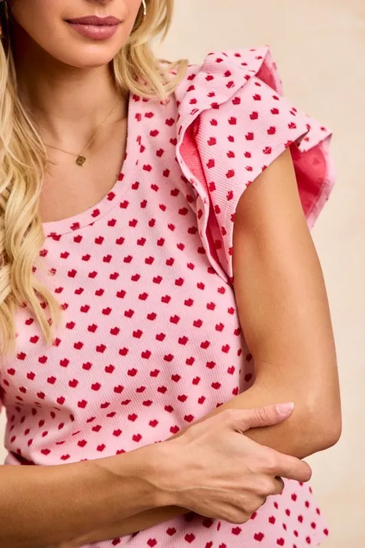 Heart Patterned Knit Ruffled Sleeves Top, image 10