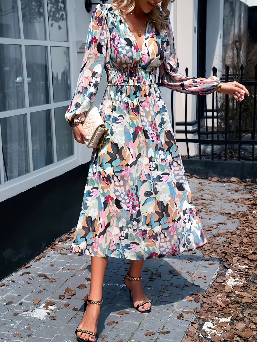 Floral Print Long Sleeve Midi Dress, image 4