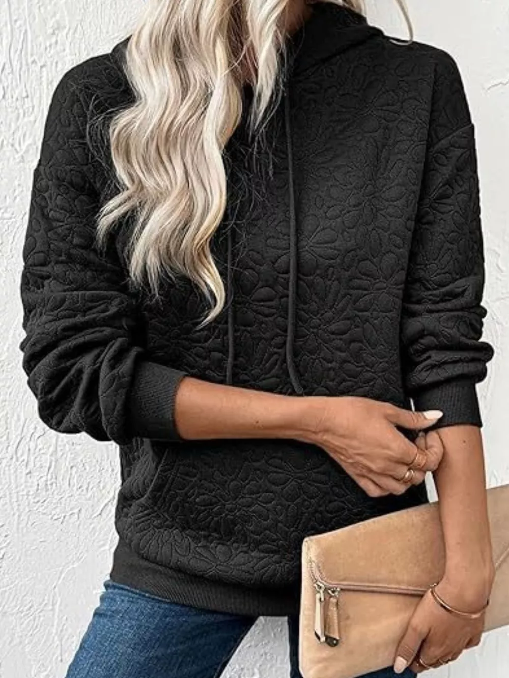 Textured Floral Quilted Hoodie, image 2