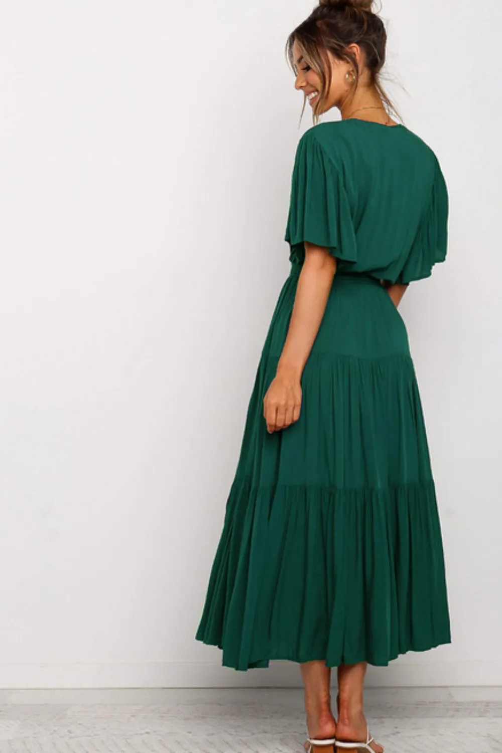 Front Tie Short Sleeve Tiered Midi Dress, image 6