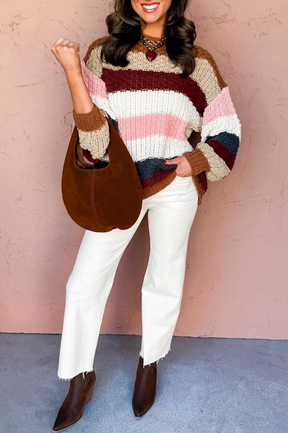 Striped Knit Dropped Shoulder Round Neck Sweater, image 6