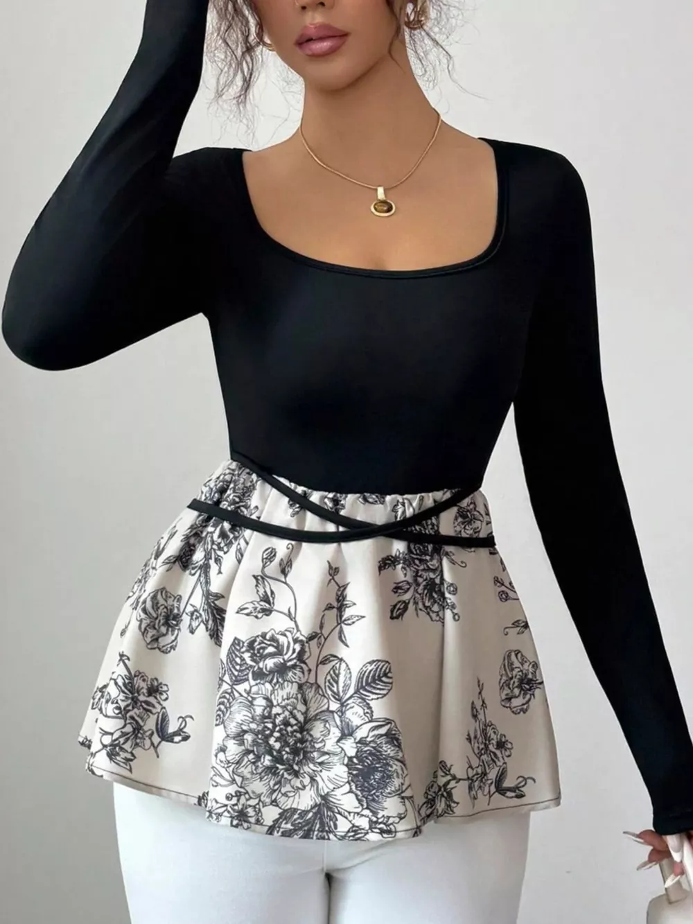 Floral Print Peplum Hem Long Sleeve Top, image 6