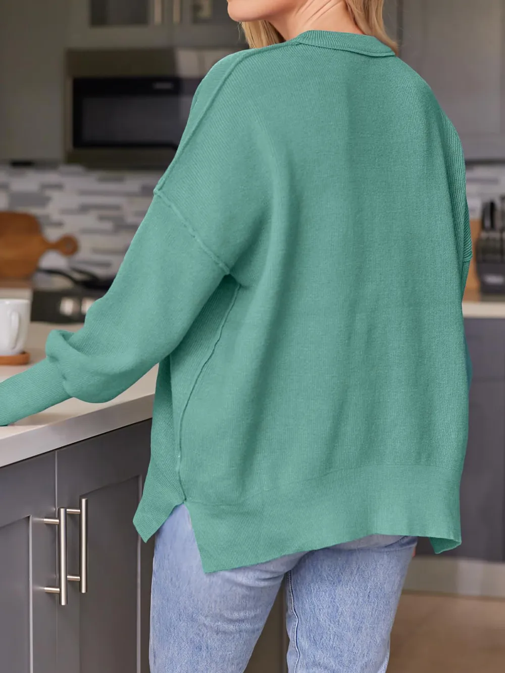 Slit Round Neck Dropped Shoulder Sweater, image 34