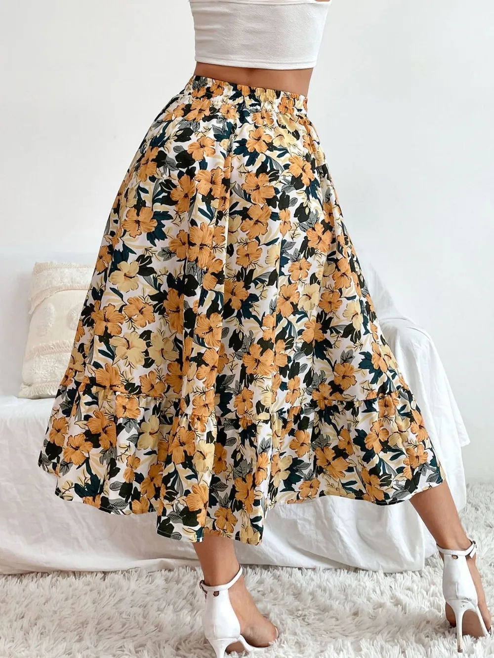 Printed Elastic Waist Midi Skirt, image 6
