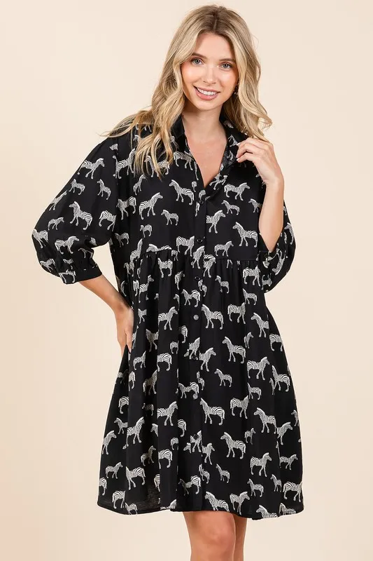 Zebra Print Button Down Shirt Mini Dress