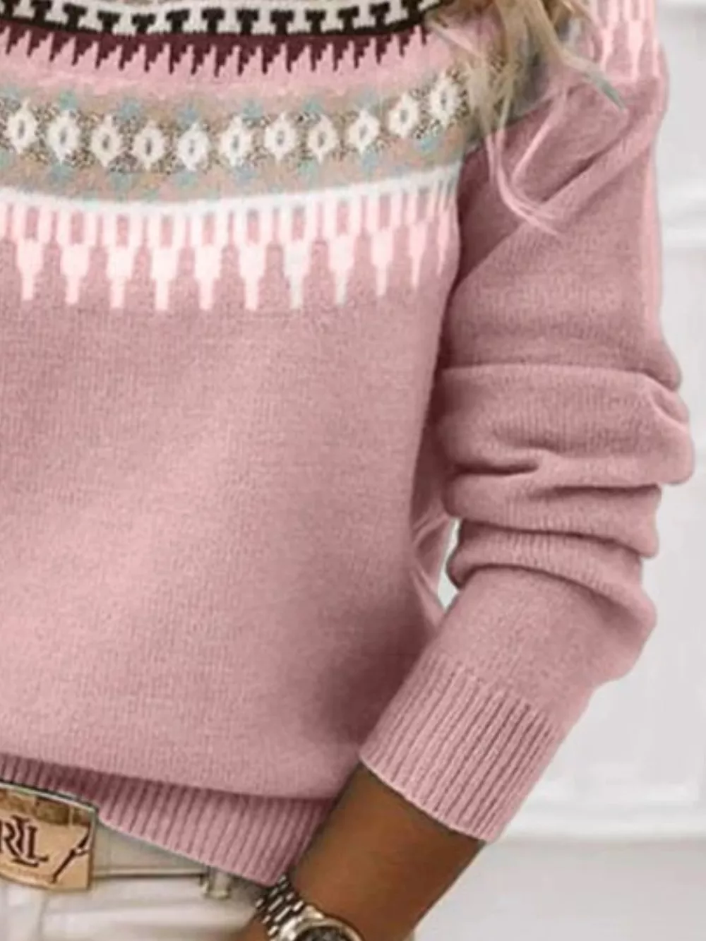 Full Size Vintage Patterned Round Neck Sweater Plus Size, image 9