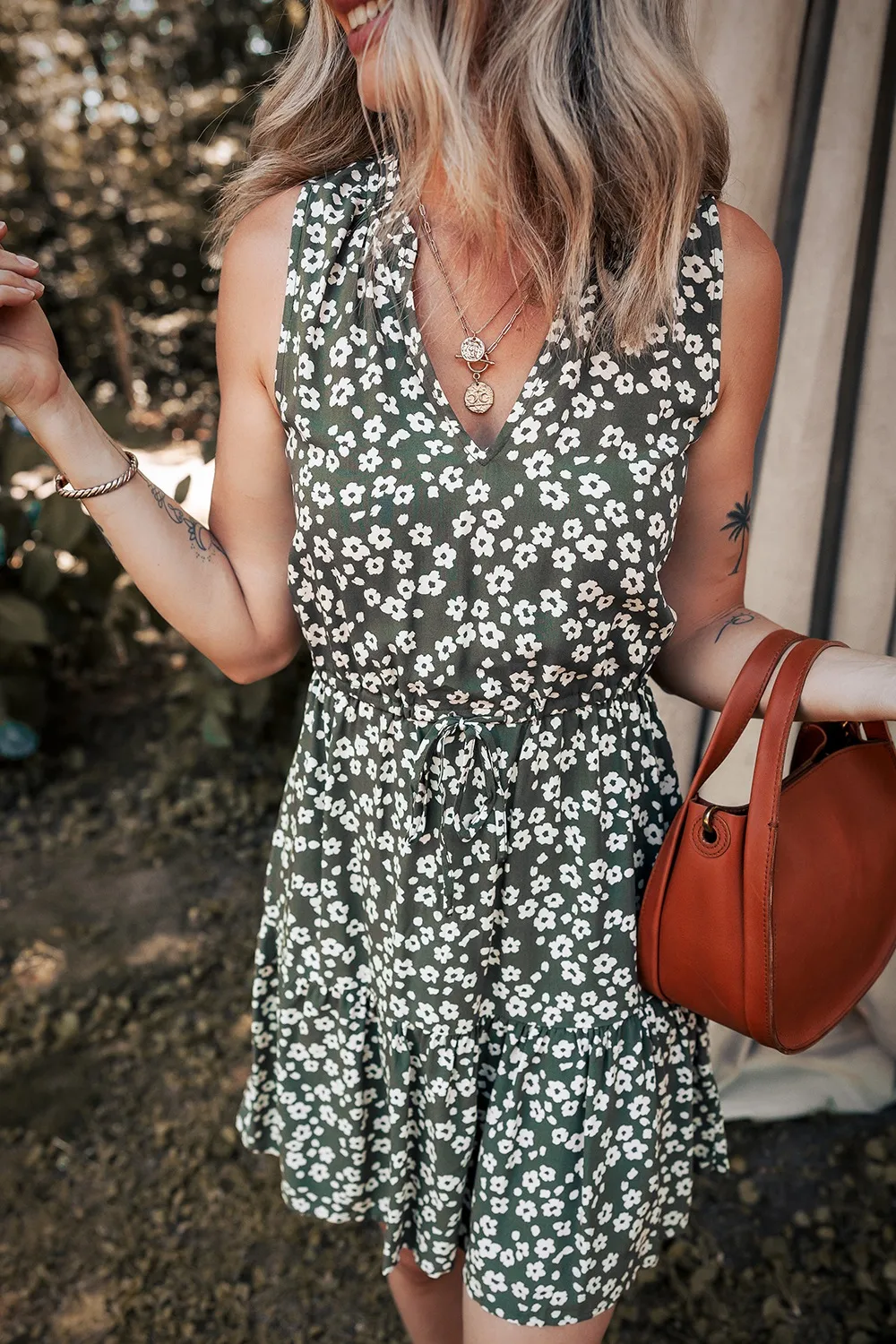 Boho Floral Print V Neck Tunic Sleeveless Dress, image 2
