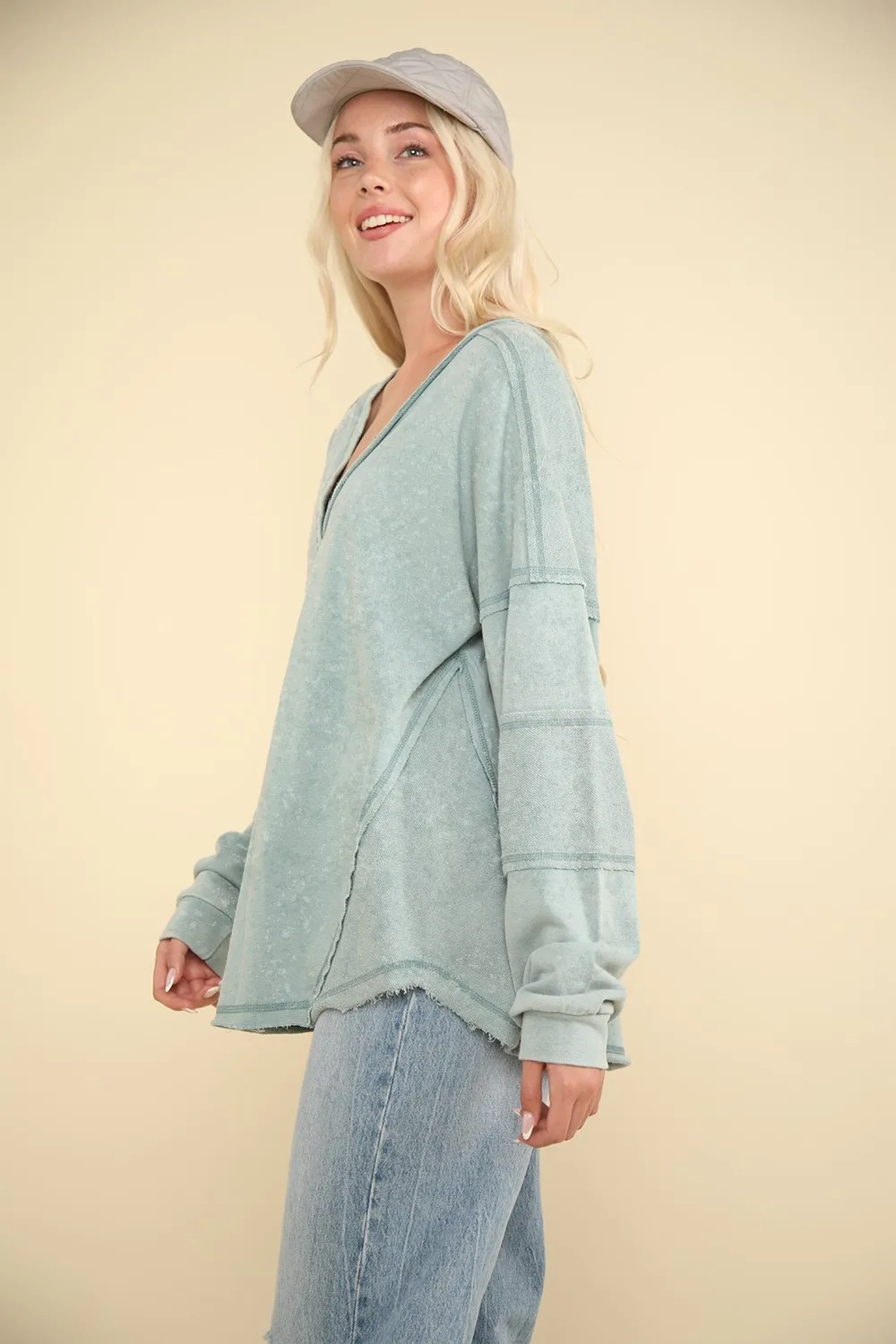 Washed V-Neck Exposed Seam Knit Top, image 3