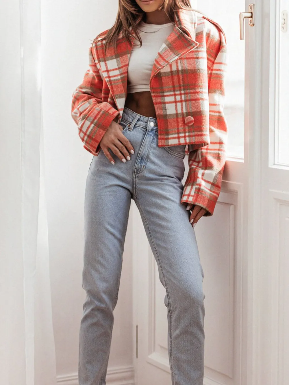 Lapel Collar Plaid Cropped Jacket, image 9