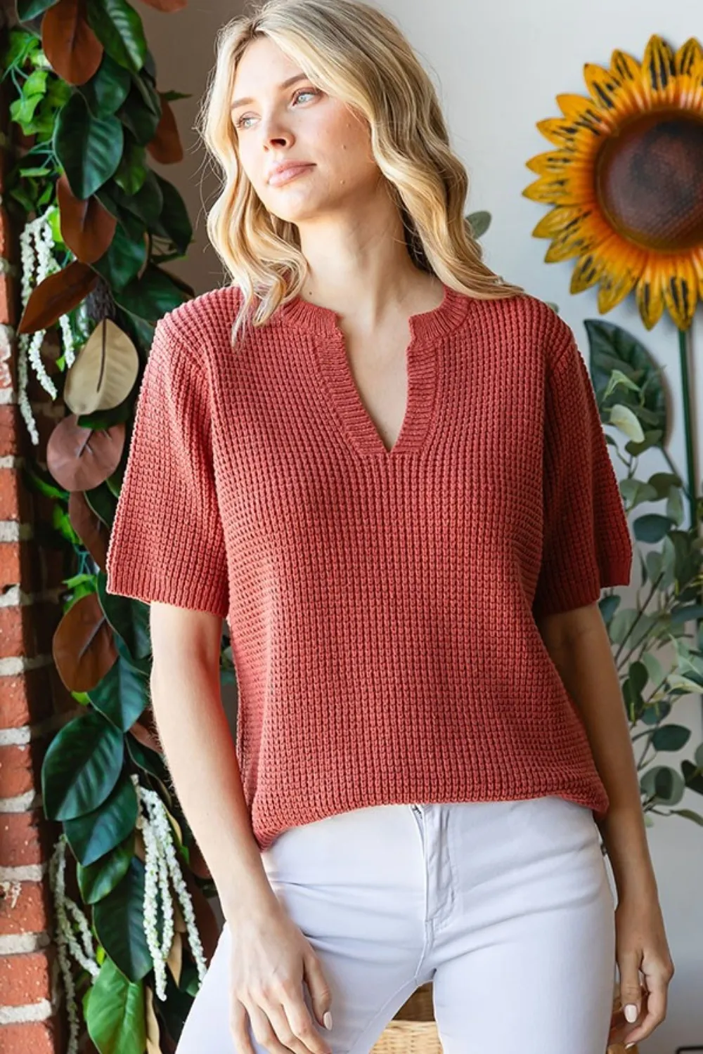 Notched Short Sleeve Knit Top, image 4