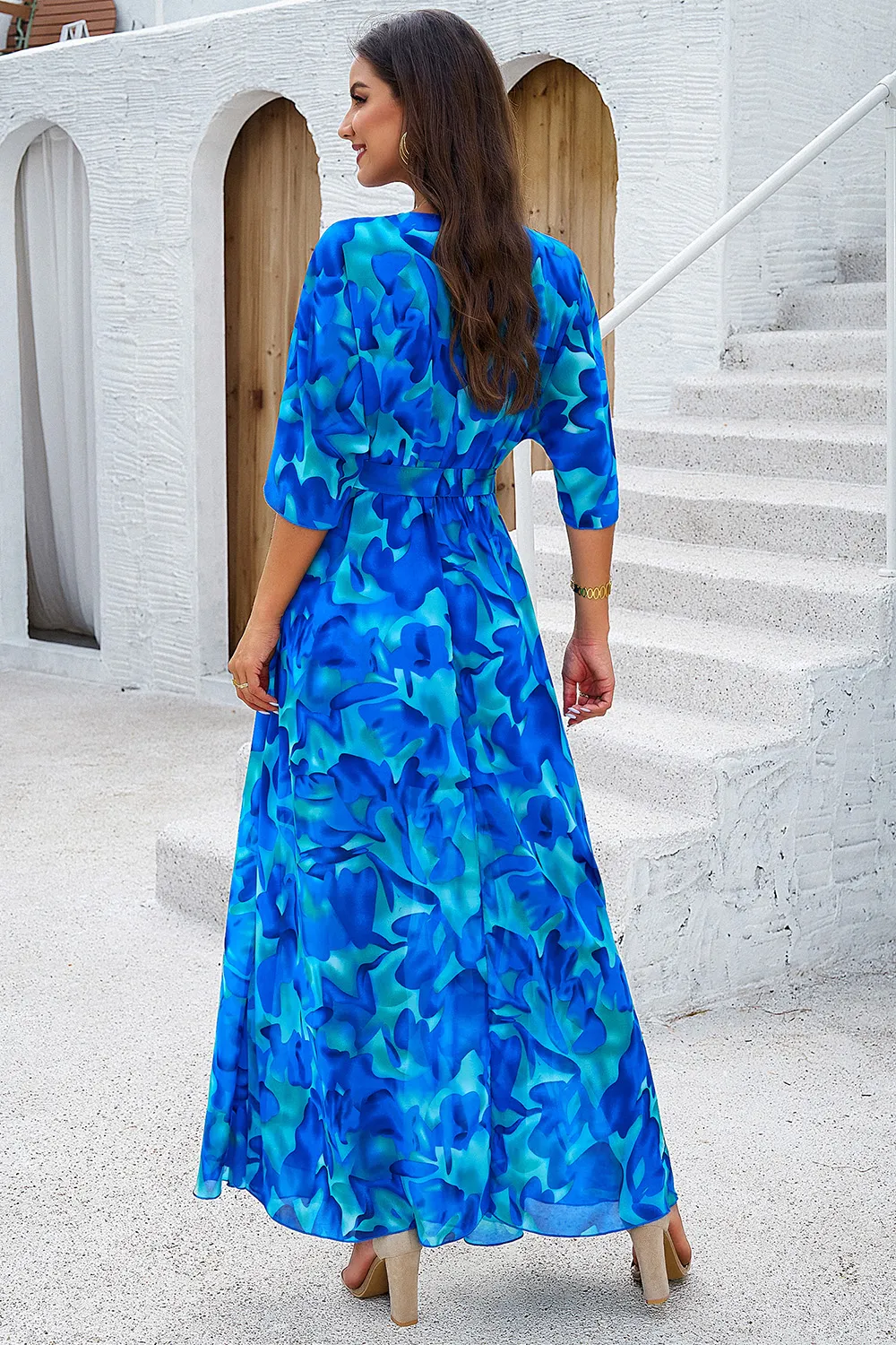 Printed Tied Half Sleeve Slit Dress, image 3