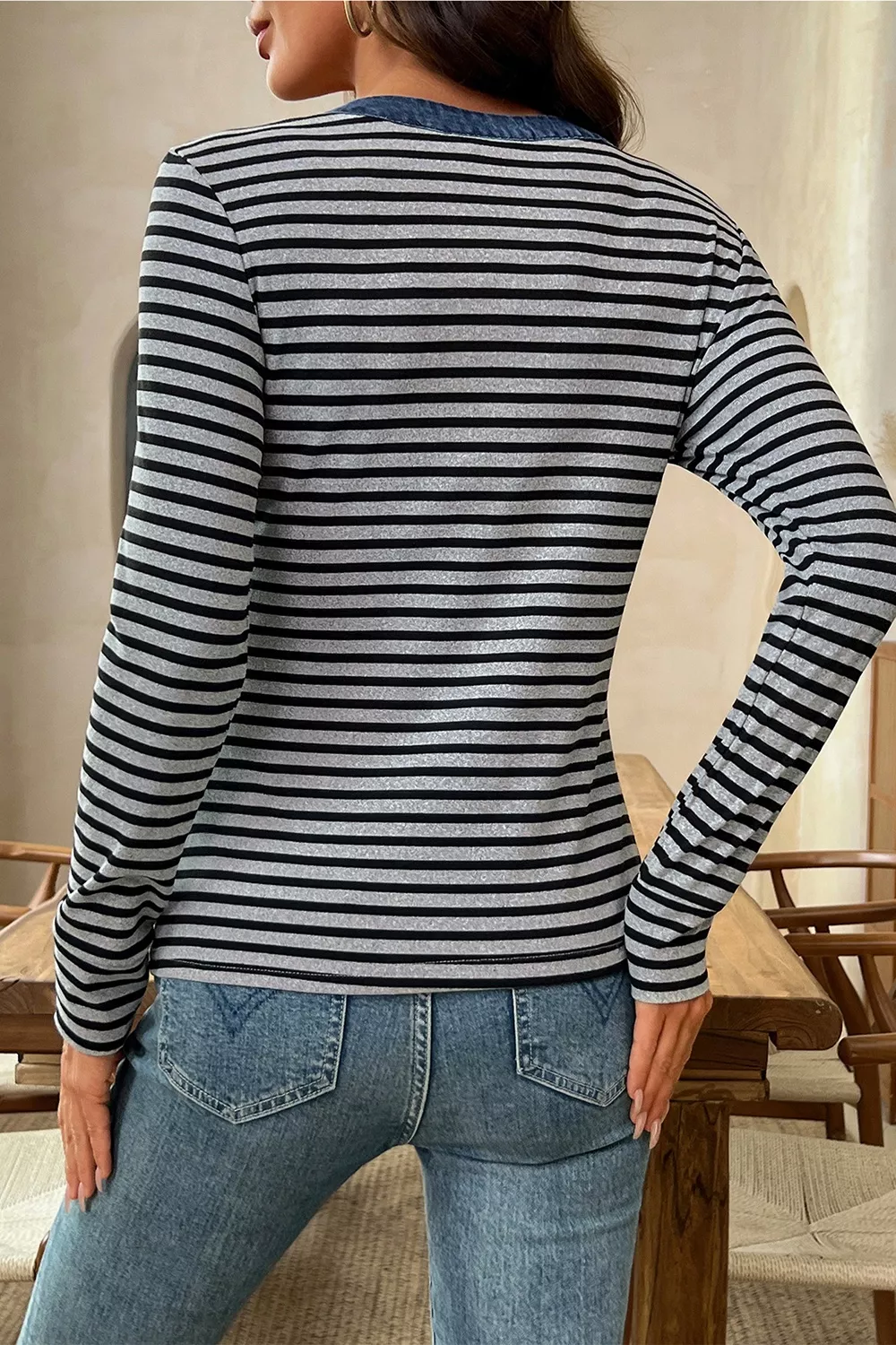Stripe Denim Contrast Collar Half Button Long Sleeve Top, image 3