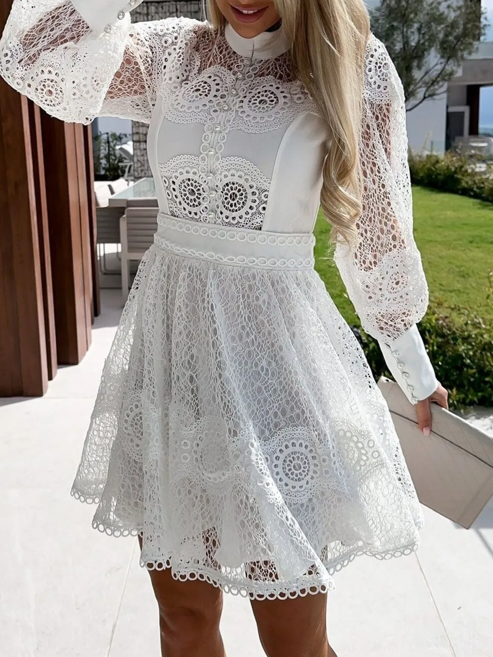 Lace Lantern Sleeve Mini Dress, image 4