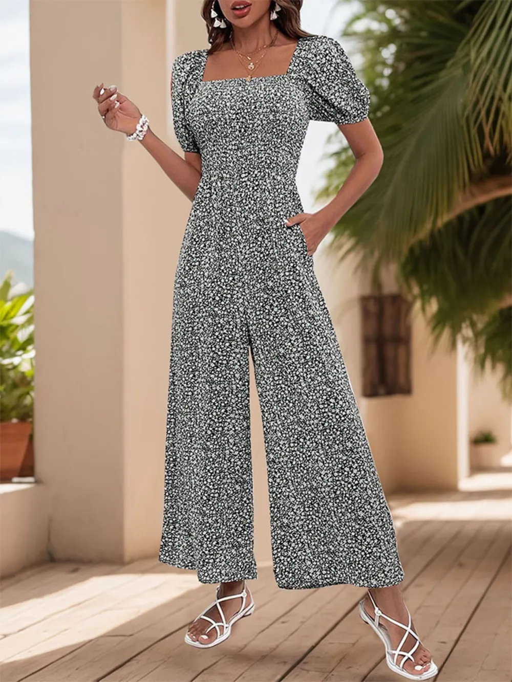 Printed Square Neck Puff Sleeve Jumpsuit, image 9