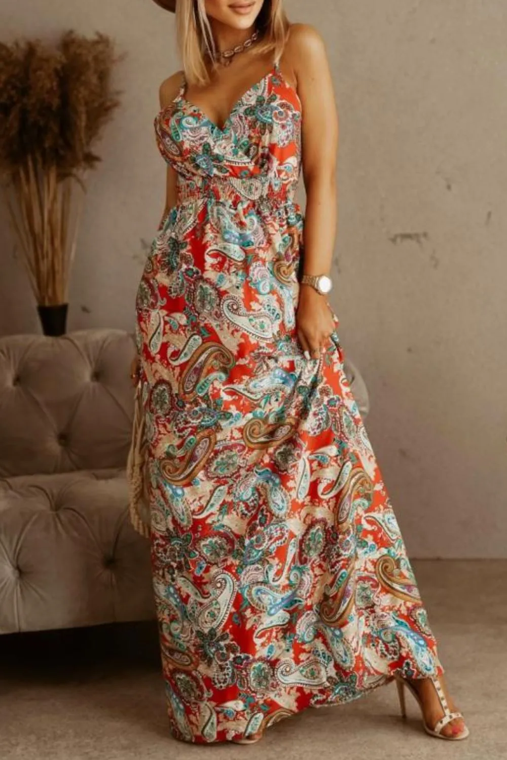 Printed Spaghetti Strap Maxi Dress, image 6