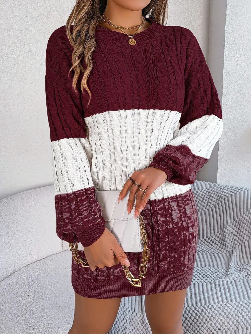 Cable-Knit Round Neck Color Block Sweater Dress, image 17