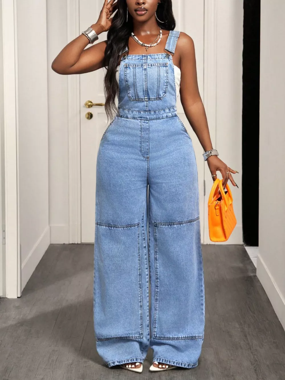 Wide Strap Wide Leg Denim Overalls, image 5