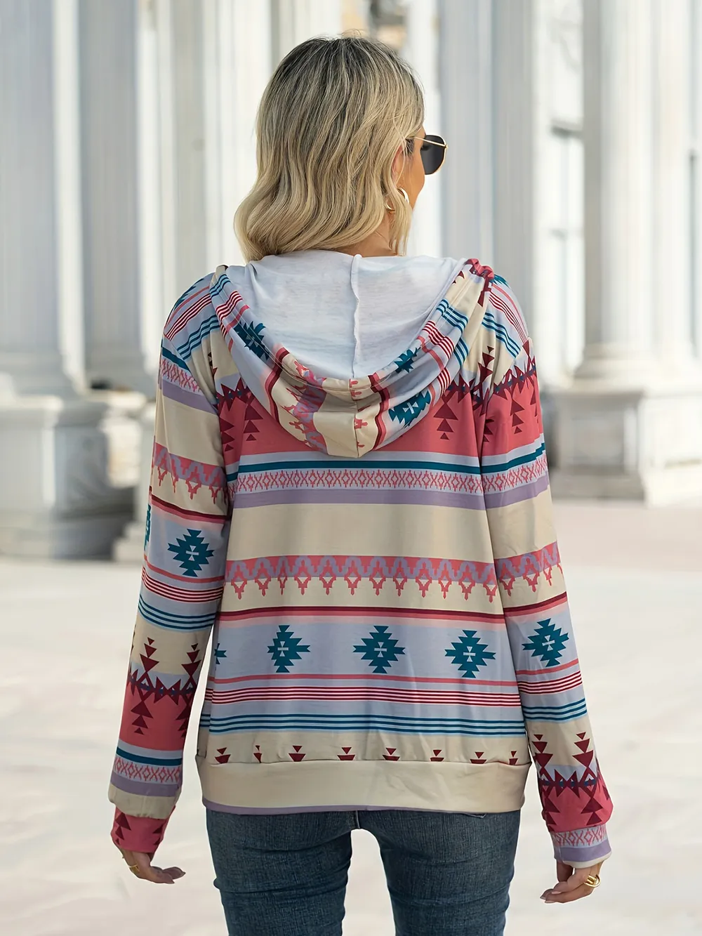 Geometric Zip Up Long Sleeve Hooded Jacket, image 7