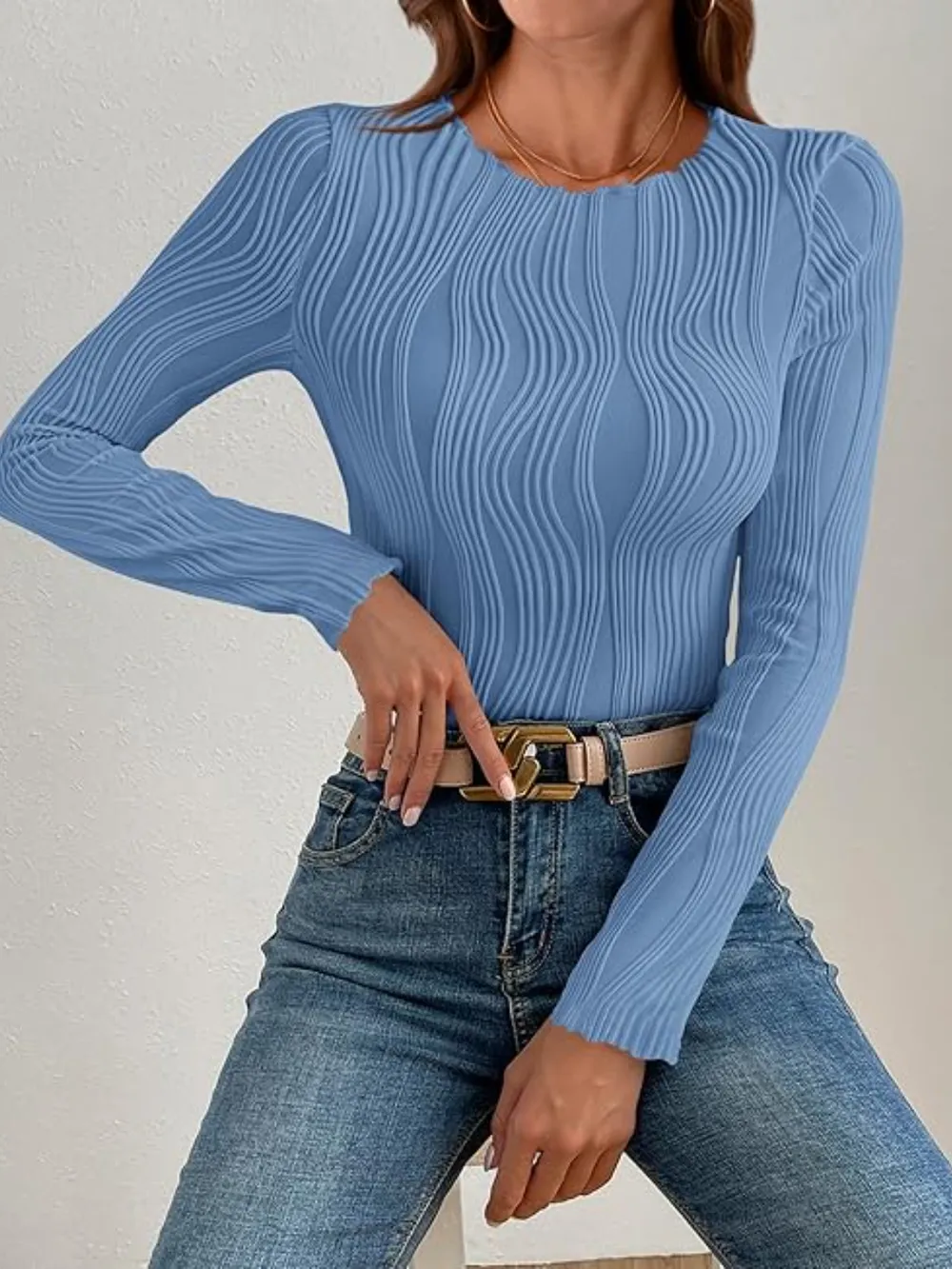 Textured Round Neck Long Sleeve Top, image 9