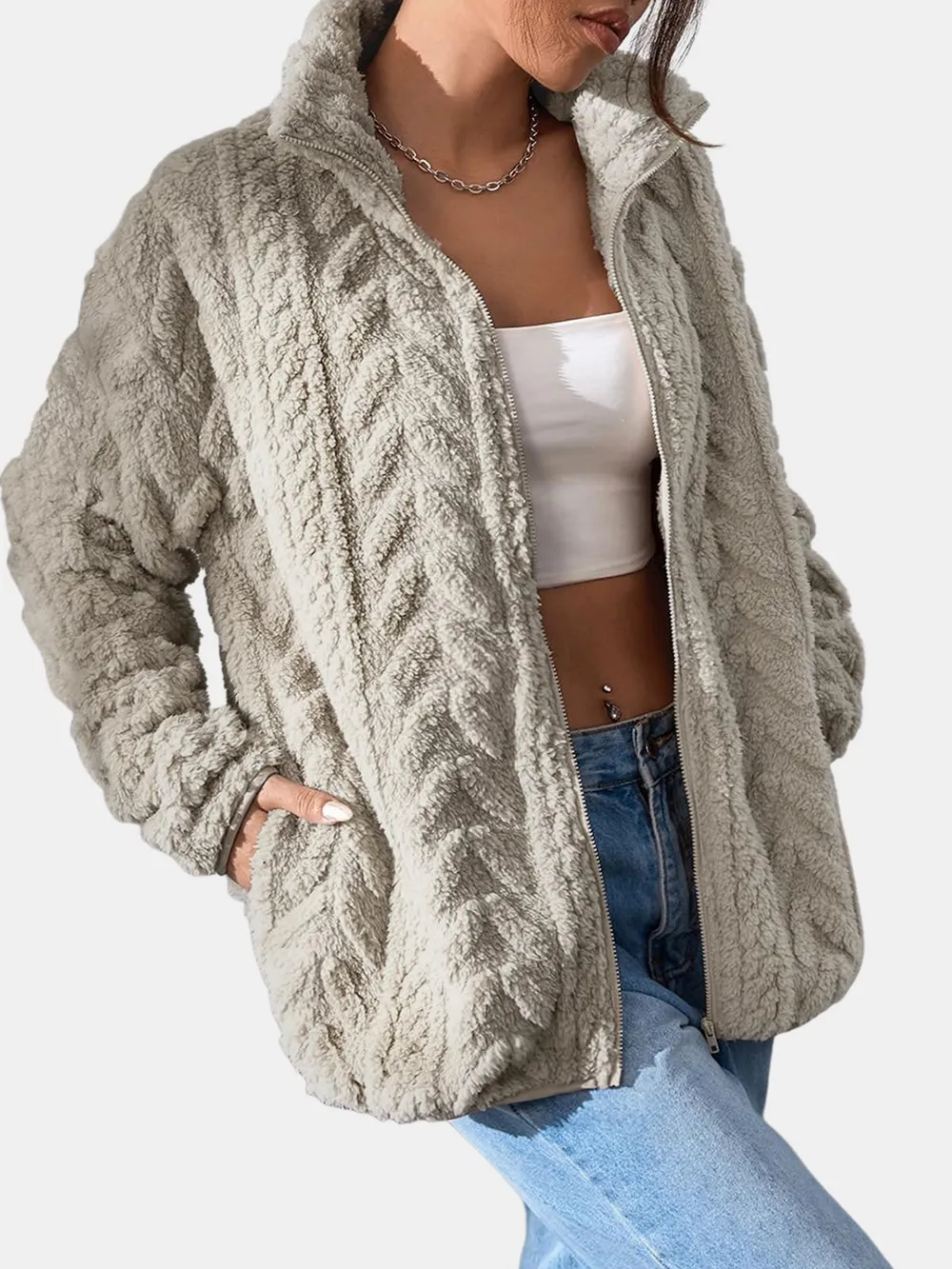 Fuzzy Zip Up Long Sleeve Jacket, image 12