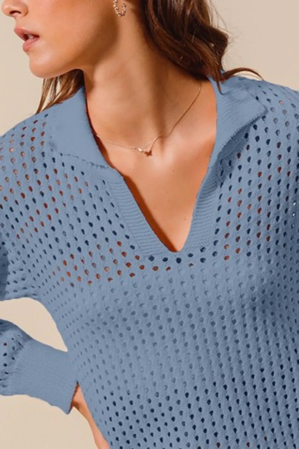 Open Knit Polo Sweater Top, image 2