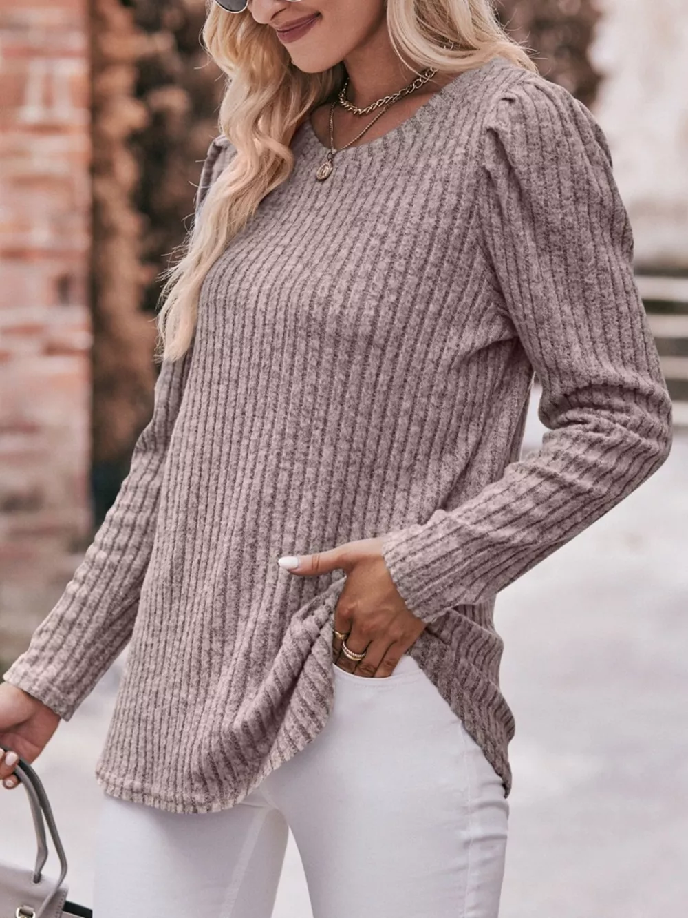Ribbed Knit Puff Sleeve T-Shirt, image 3