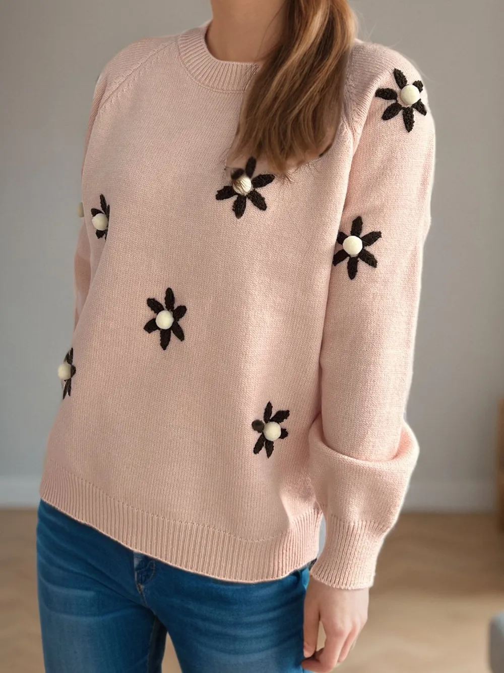 Flower Round Neck Raglan Sleeve Sweater, image 9