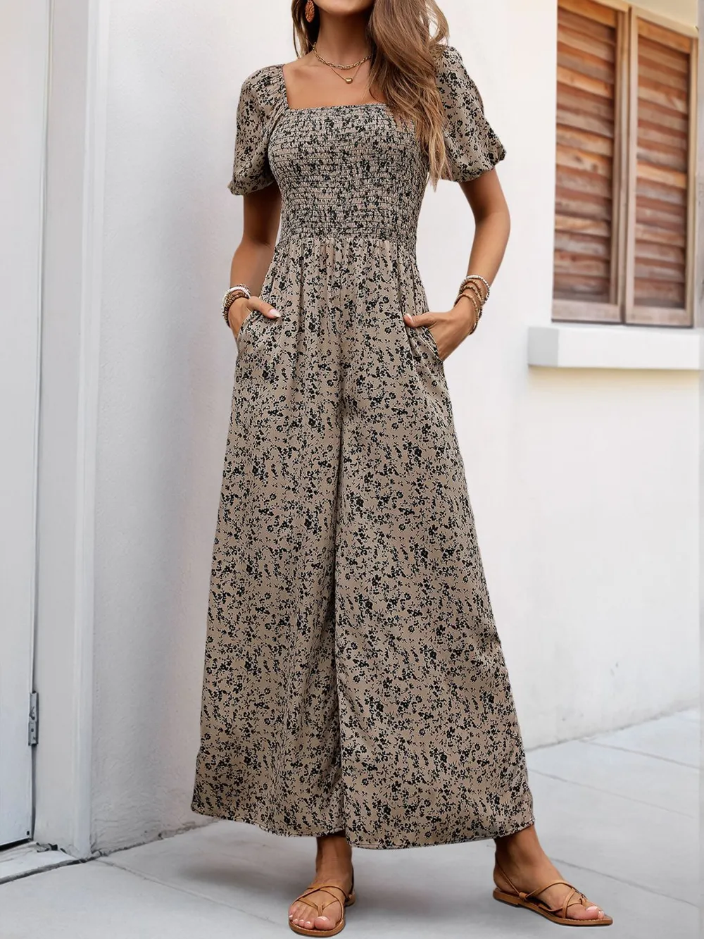 Smocked Printed Square Neck Puff Sleeve Jumpsuit, image 2