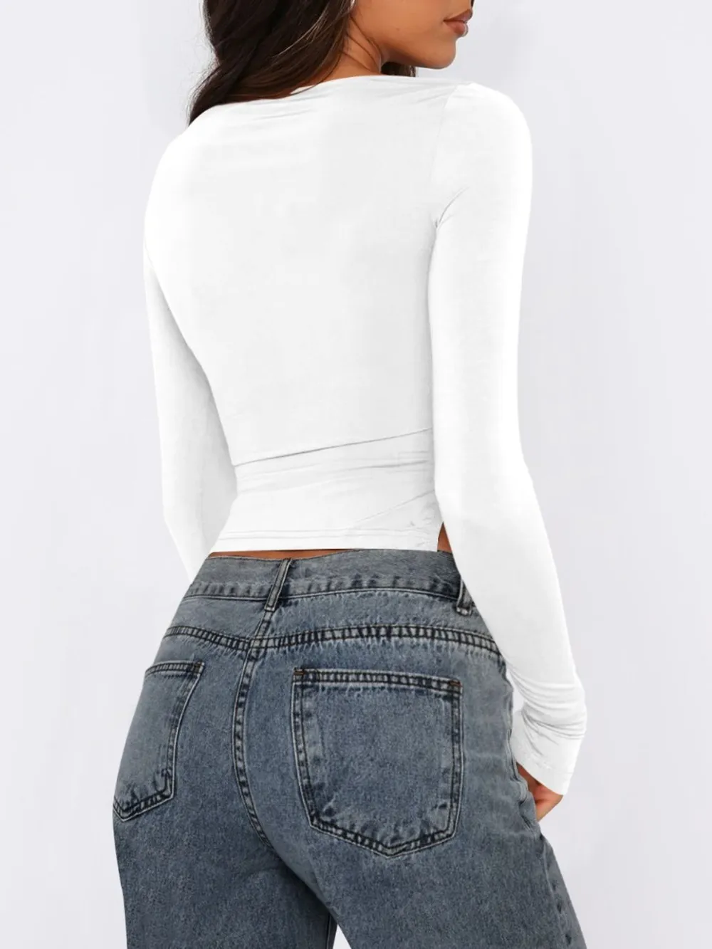 Tied Slit Round Neck Long Sleeve T-Shirt, image 6