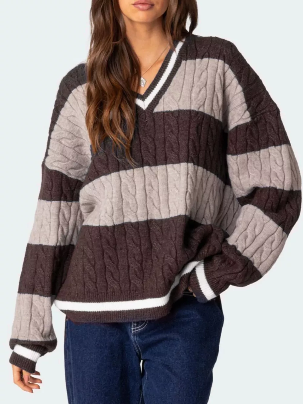 Striped Cable Knit V-Neck Sweater, image 2