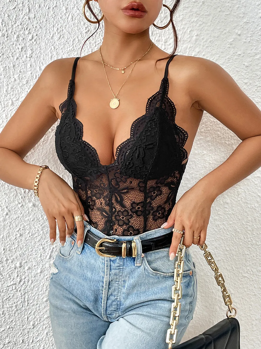 Lace V-Neck Spaghetti Strap Bodysuit, image 5