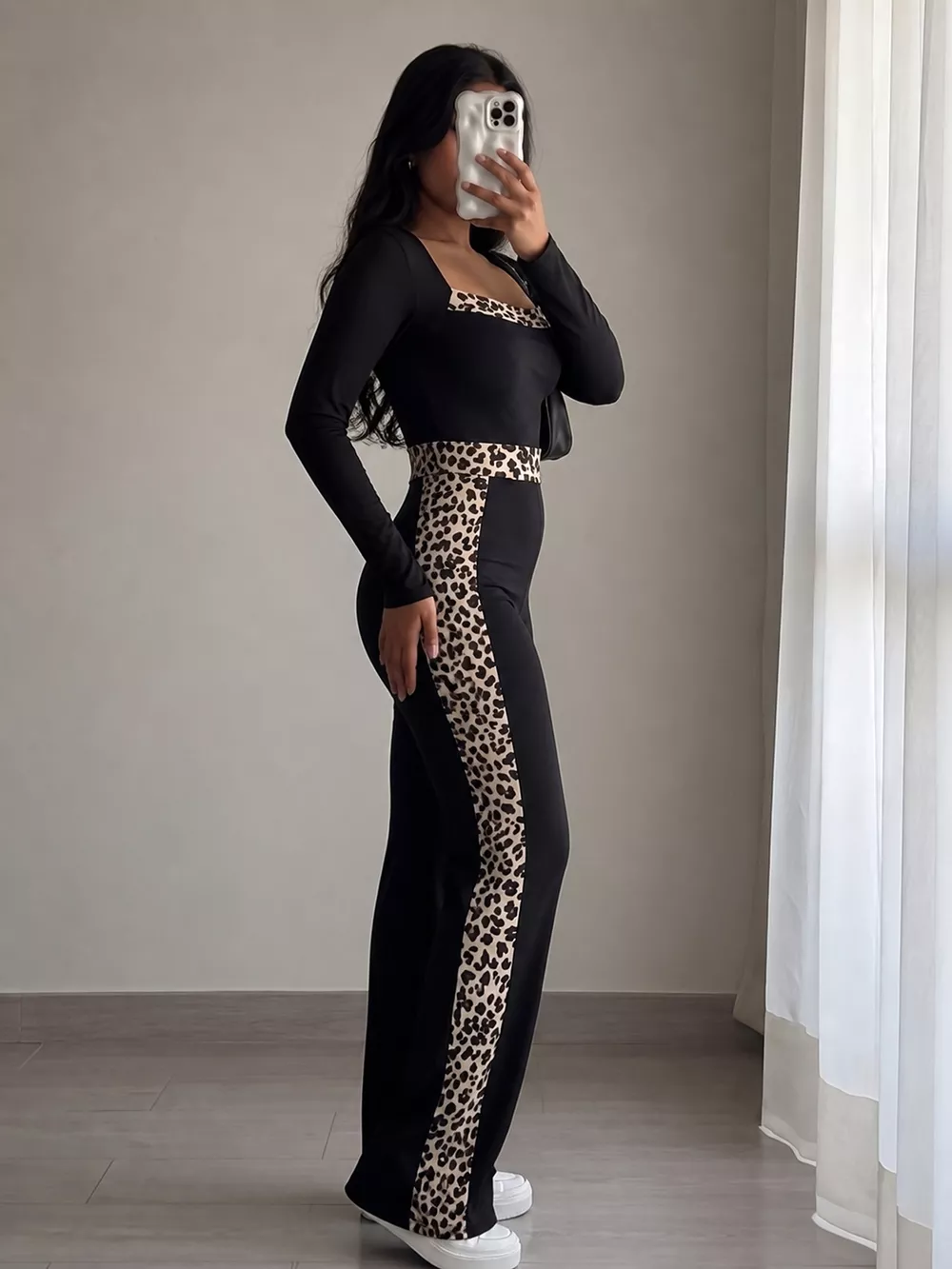 Leopard Trim Long Sleeve Jumpsuit, image 5
