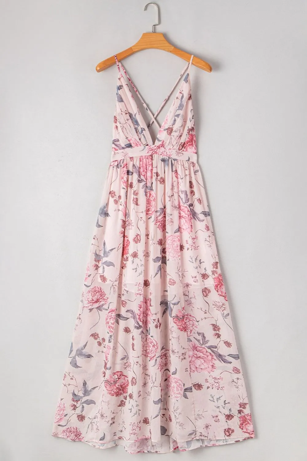 Floral Pleated Deep V Backless Maxi Dress, image 3
