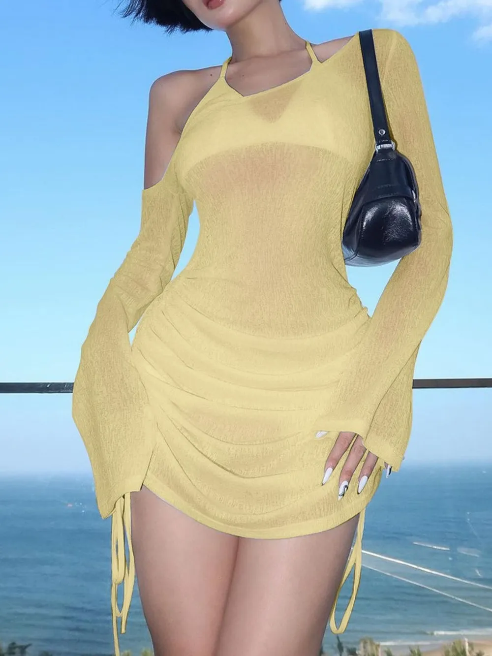 One-Shoulder Bell Sleeve Ruched Mini Cover-Up Dress, image 4