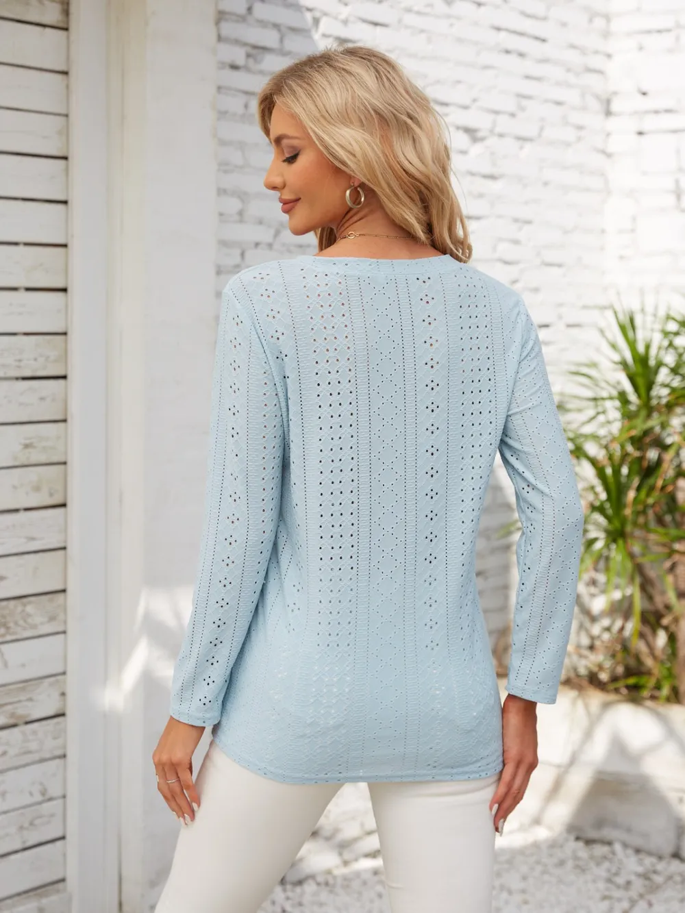 Decorative Button Openwork V-Neck T-Shirt, image 4
