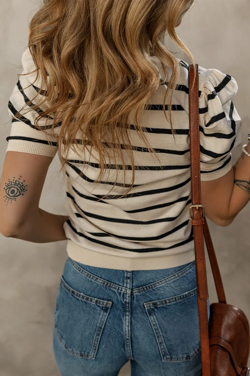 Striped Round Neck Puff Sleeve Knit Top, image 5